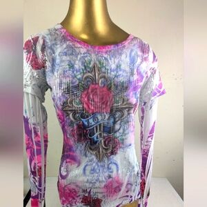 Passion Long Double Sleeve Blouse with Roses, Cross and Sequins Large